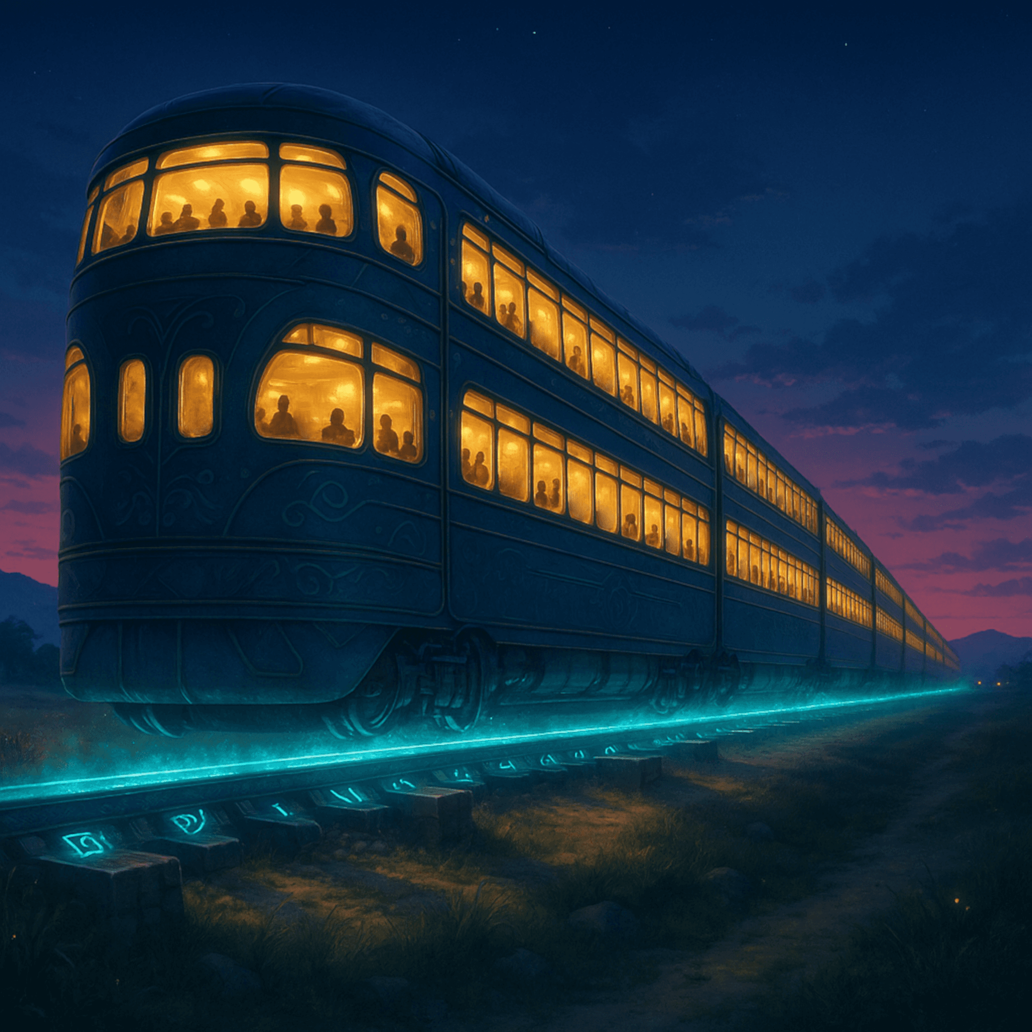 The Sonarail — a three-deck, multi-car hover train gliding inches above glyph-lit rails.